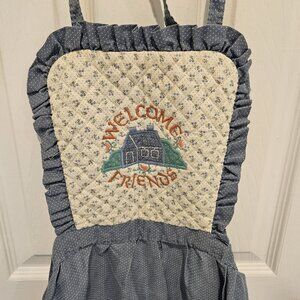 Vintage Embroidered Welcome Friends Blue and White Apron